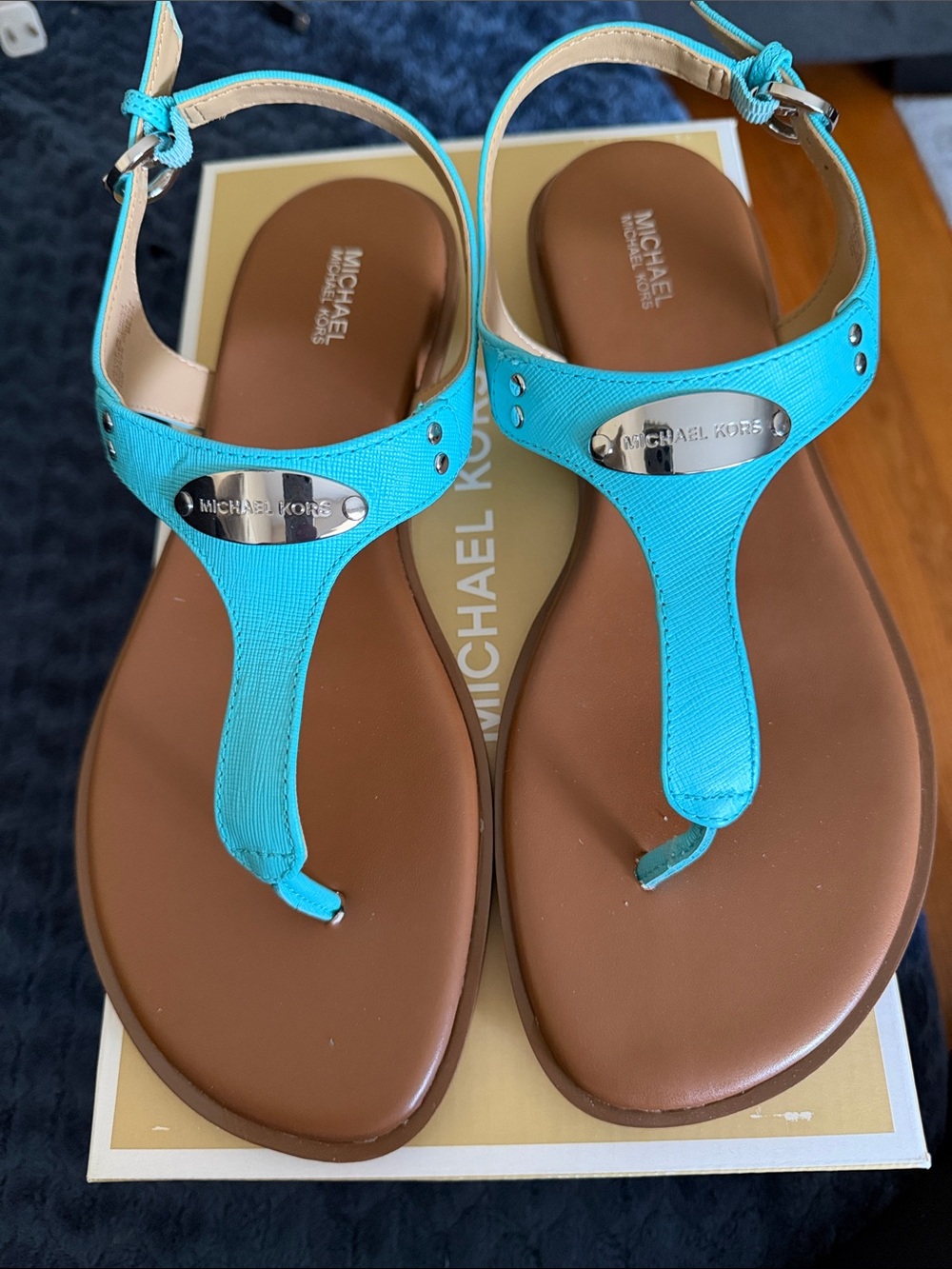 Michael Kors Turquoise Ocean Blue T-Strap Sandals